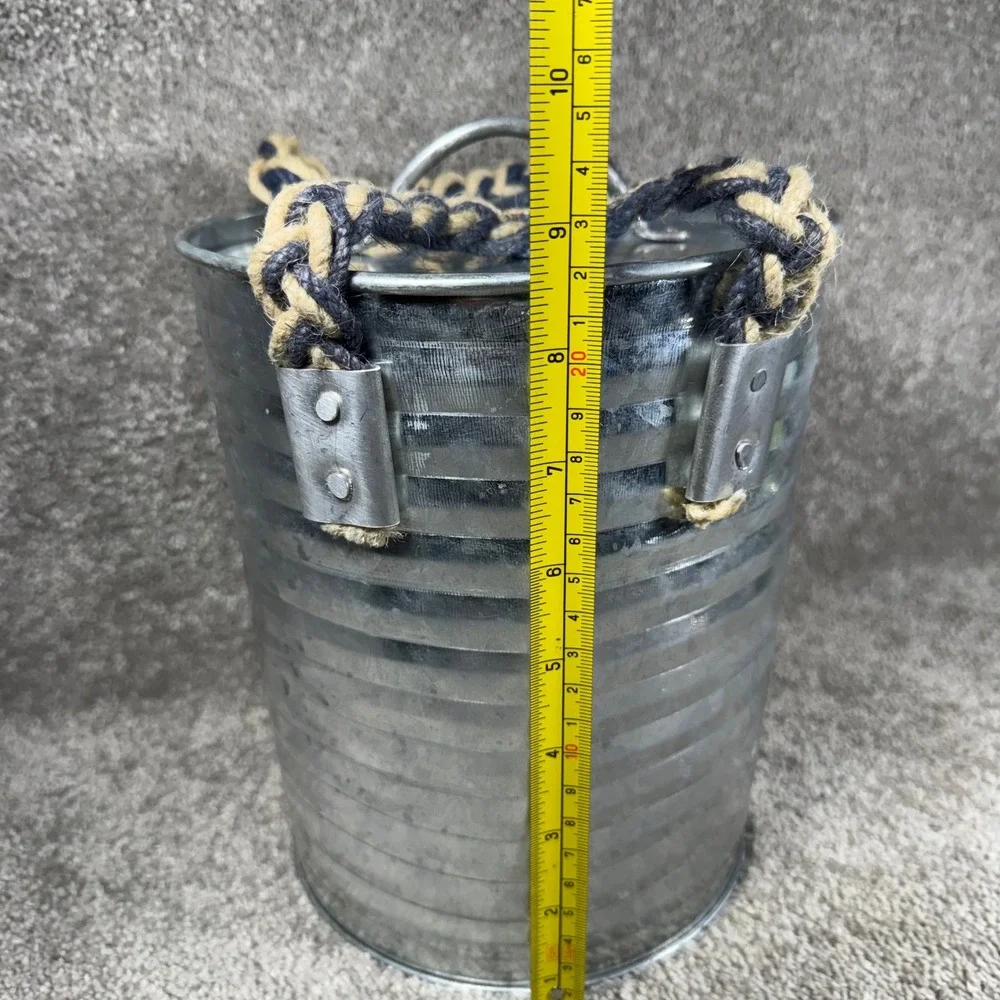 Ice Bucket Silver Galvanized Ribbed Rope Handle Nautical Farmhouse Set
